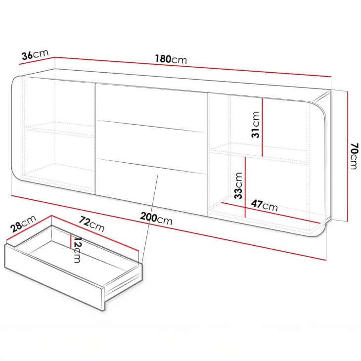 Credenza 180x70h cm sospesa 2 ante 3 cassetti beige Volia