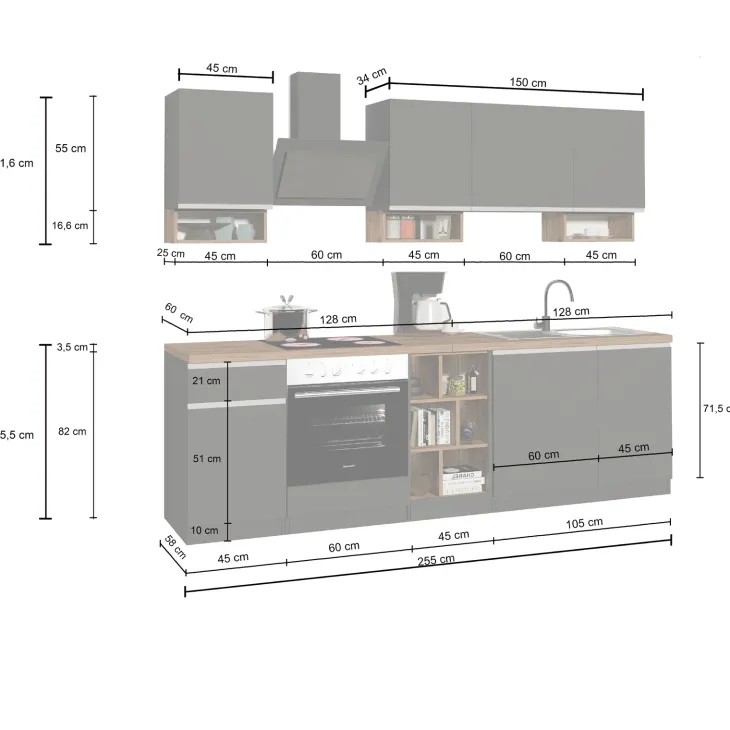 Cucina 255cm componibile lineare moderna bianco rovere Gourmet Elegance