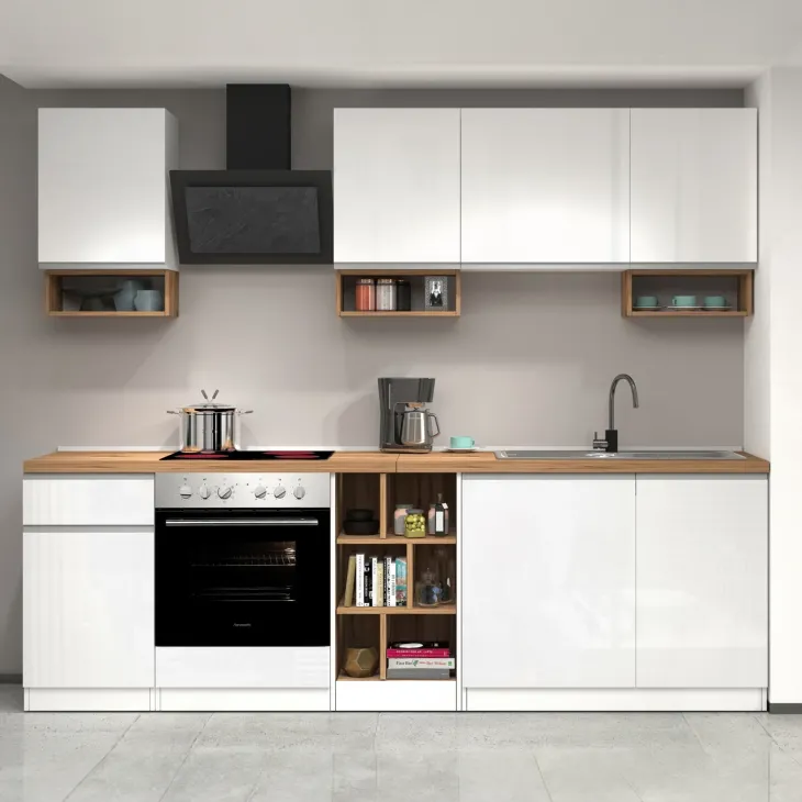 Cucina 255cm componibile lineare moderna bianco rovere Gourmet Elegance