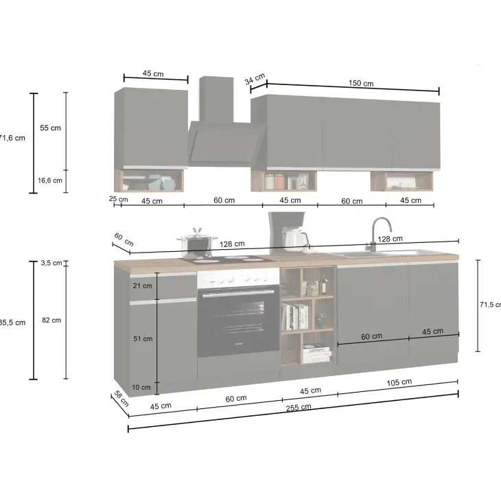 Cucina 255cm componibile lineare moderna antracite grigio pietra Gourmet Elegance