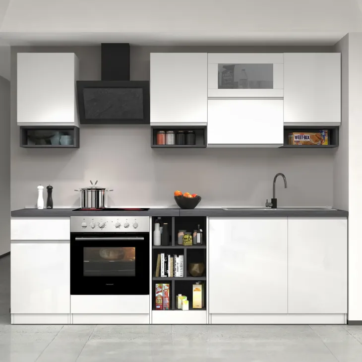 Cucina 255cm componibile lineare moderna bianco grigio pietra Gourmet Pure