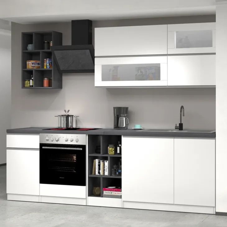 Cucina 255cm componibile lineare moderna bianco grigio pietra Gourmet Prestige