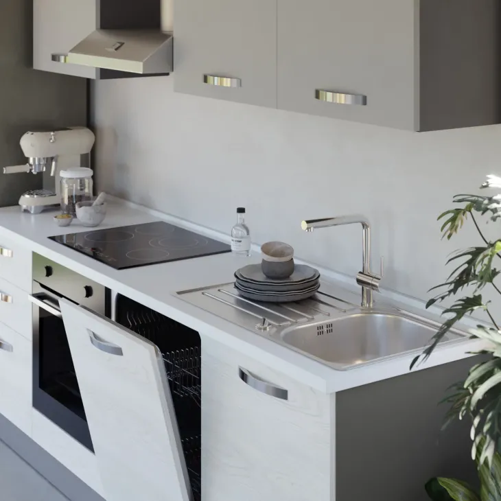 Cucina 240cm reversibile moderna lineare bianco frassinato grigio CookArt