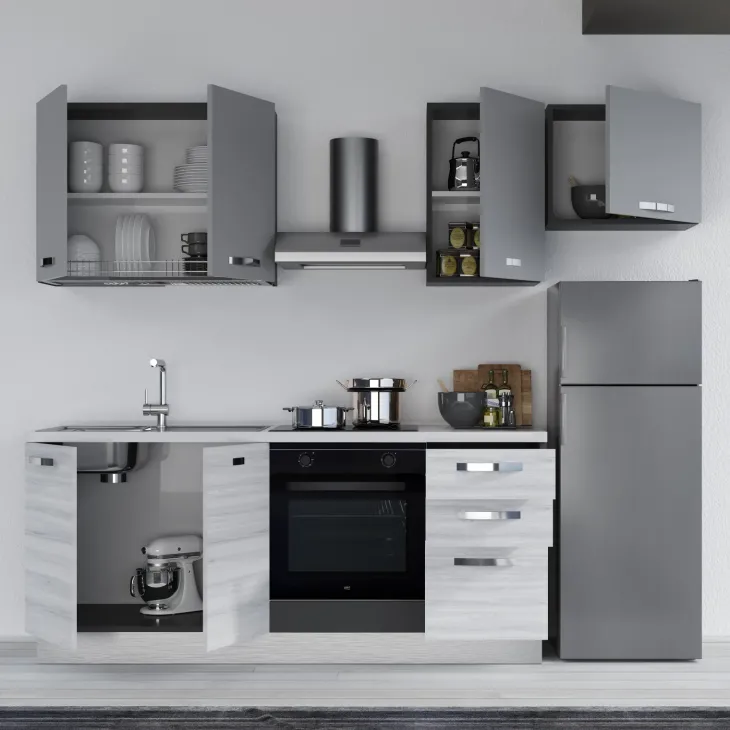 Cucina 255cm reversibile moderna lineare bianco frassinato grigio Cookery