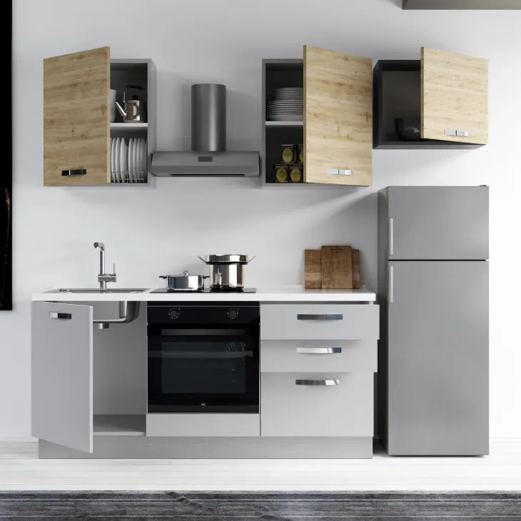 Cucina completa 240cm reversibile moderna lineare rovere grigio chiaro ChefEasy