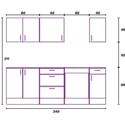 Cucina completa lineare 240 cm componibile bianco lucido rovere Kimera 2