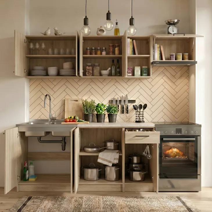 Cucina lineare 240cm completa componibile moderna rovere sonoma Dalia