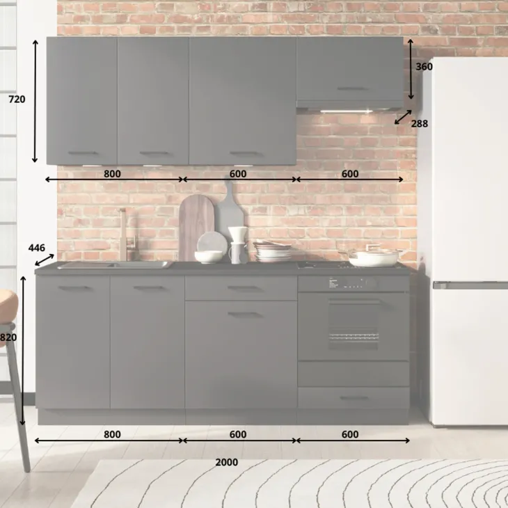 Cucina lineare 200cm completa componibile moderna grafite Crono