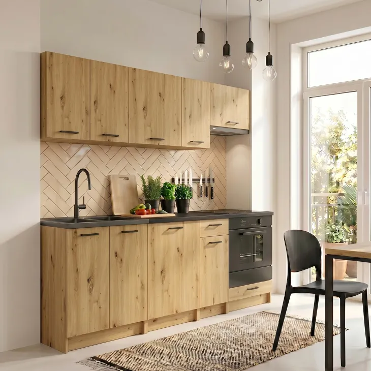 Cucina lineare 240cm completa componibile moderna con vano forno quercia Dalia