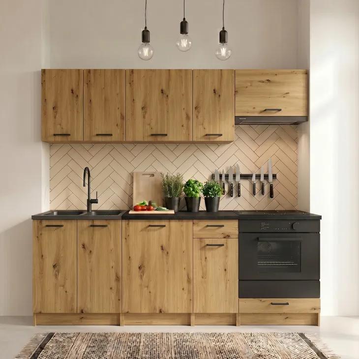 Cucina lineare 240cm completa componibile moderna con vano forno quercia Dalia