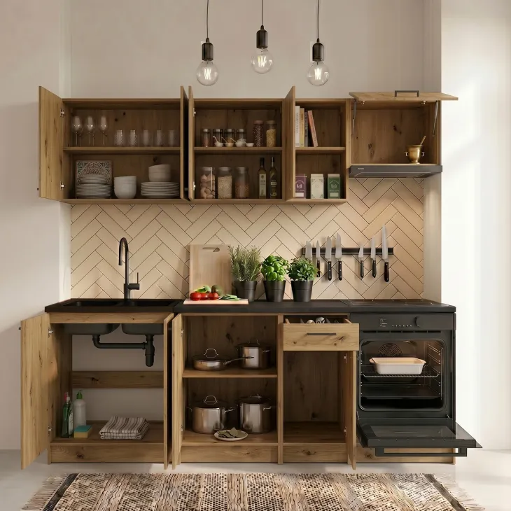 Cucina lineare 240cm completa componibile moderna con vano forno quercia Dalia