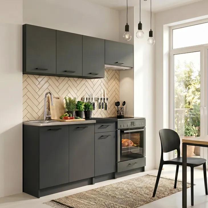 Cucina lineare 180cm completa componibile moderna con vano forno antracite Dalia