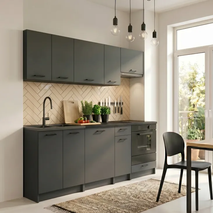 Cucina lineare 240cm completa componibile moderna con vano forno antracite Dalia