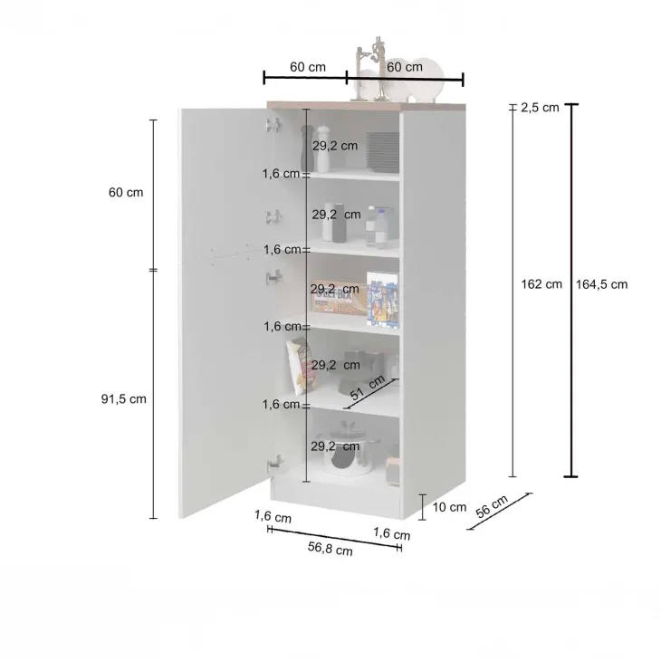 Dispensa cucina 60x165h cm 4 ripiani bianco rovere Gourmet