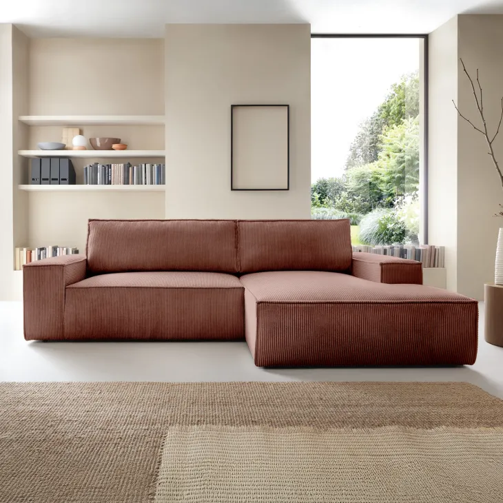 Divano letto angolare destra 3 posti 267x167cm velluto a coste rosa Relaxion