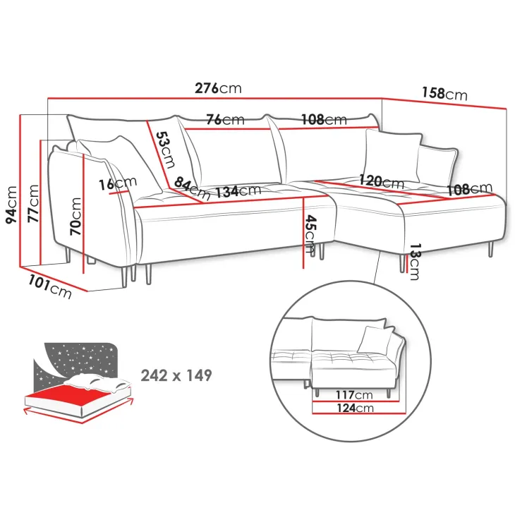 Divano letto angolare destro 3 posti 276x158cm tessuto tortora Angle