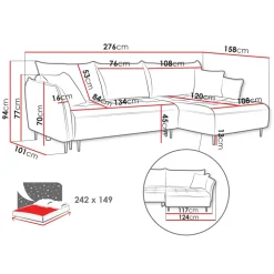Divano letto angolare destro 3 posti 276x158cm tessuto grigio scuro Angle