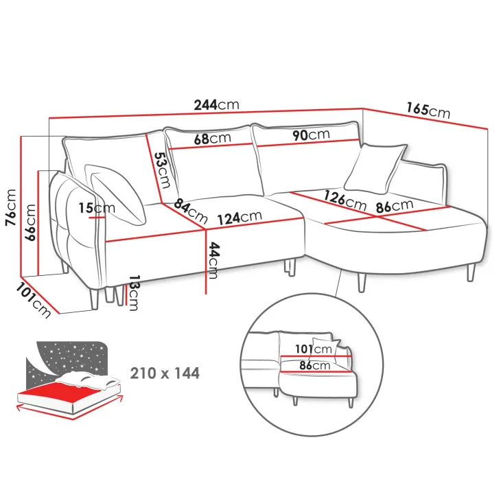 Divano letto angolare 3 posti 244x165cm tessuto grigio scuro Lollypop