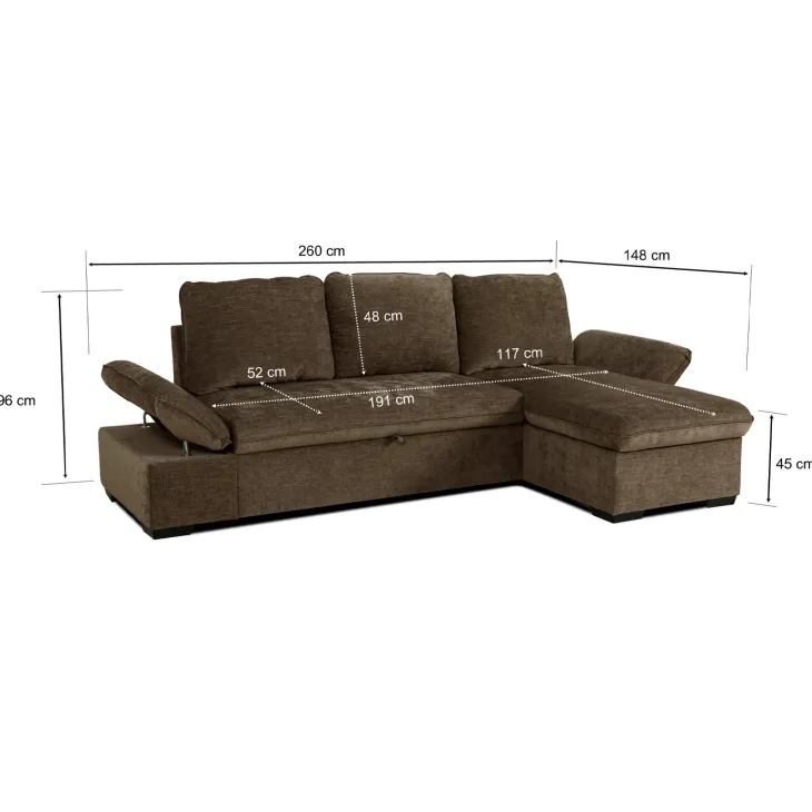 Divano letto angolare reversibile 260x148cm con vano contenitore tessuto marrone Arturo