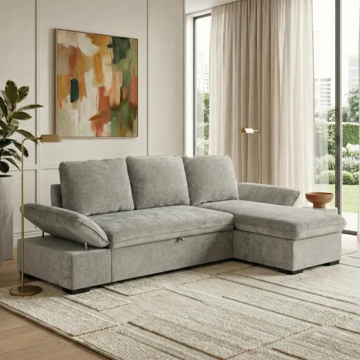 Divano letto angolare reversibile 260x148cm con vano contenitore tessuto grigio Arturo