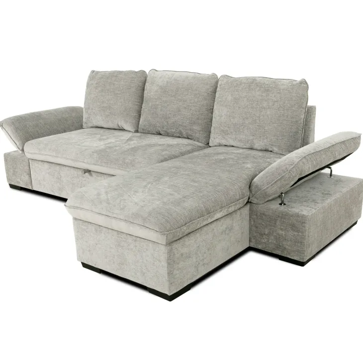 Divano letto angolare reversibile 260x148cm con vano contenitore tessuto grigio Arturo