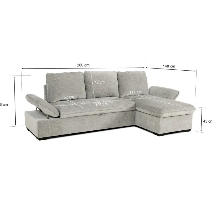 Divano letto angolare reversibile 260x148cm con vano contenitore tessuto grigio Arturo