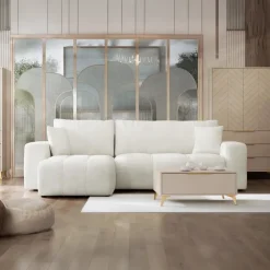 Divano letto angolare reversibile 3 posti 244x145cm con contenitore tessuto beige Orama