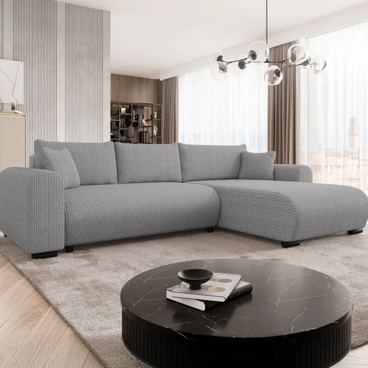 Divano letto angolare reversibile 4 posti 285x188cm con contenitore tessuto velluto a coste grigio Soft