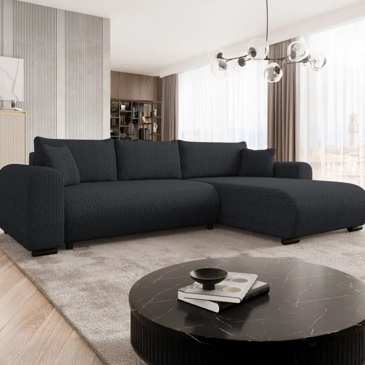 Divano letto angolare reversibile 4 posti 285x188cm con contenitore tessuto velluto a coste nero Soft