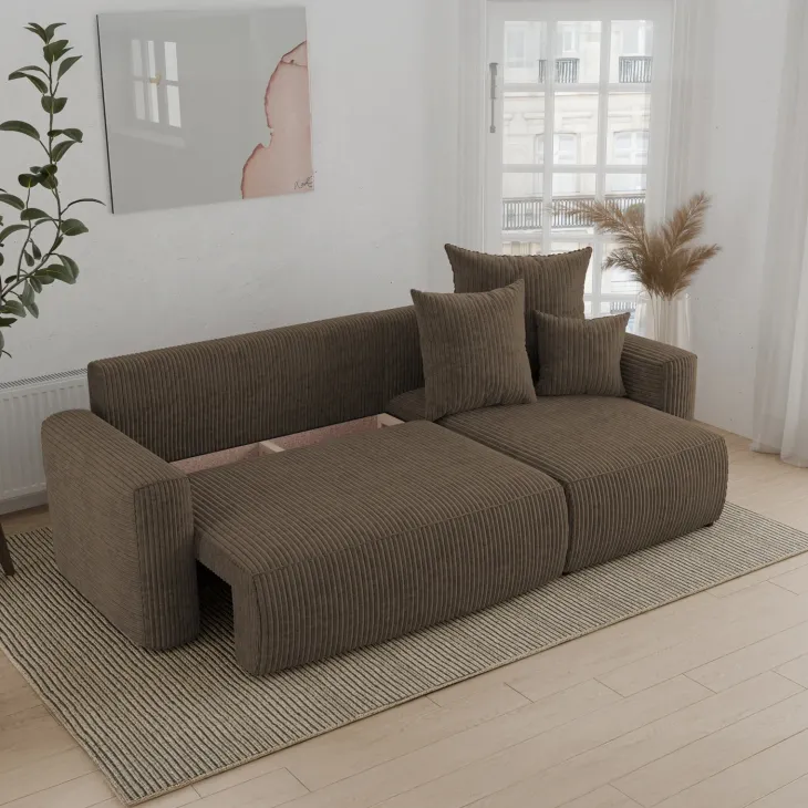 Divano letto angolare reversibile 238x142cm velluto a coste marrone Scintilla