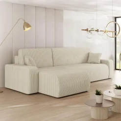 Divano letto angolare reversibile 3 posti 244x145cm con contenitore a coste beige Slurp