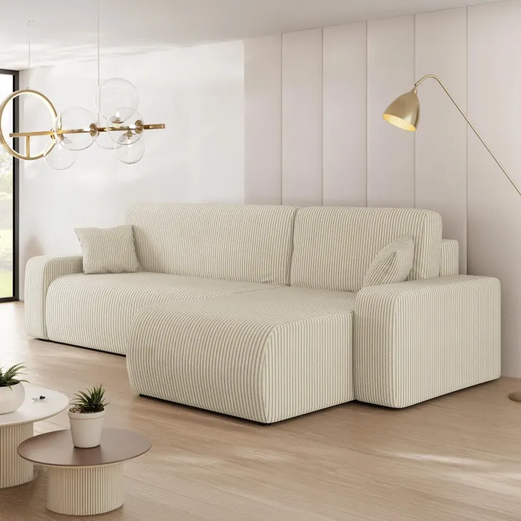 Divano letto angolare reversibile 3 posti 244x145cm con contenitore a coste beige Slurp