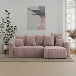 Divano letto angolare reversibile 238x142cm velluto a coste rosa antico Scintilla