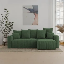 Divano letto angolare reversibile 238x142cm velluto a coste verde scuro Scintilla