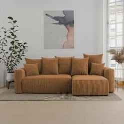 Divano letto angolare reversibile 238x142cm velluto a coste giallo senape Scintilla