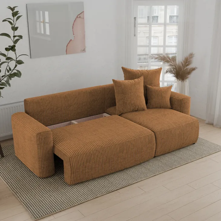 Divano letto angolare reversibile 238x142cm velluto a coste giallo senape Scintilla