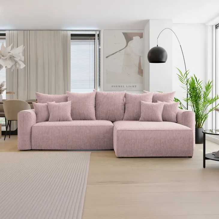 Divano letto angolare reversibile 260x160cm velluto a coste rosa antico Scintilla