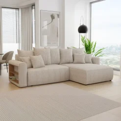 Divano letto angolare reversibile 260x160cm velluto a coste con libreria a sinistra beige Mistery