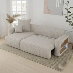 Divano letto angolare reversibile 238x142cm velluto a coste con libreria a destra beige Mistery