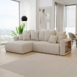 Divano letto angolare reversibile 260x160cm velluto a coste con libreria a destra beige Mistery