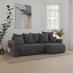 Divano letto angolare reversibile 238x142cm velluto a coste con libreria a sinistra antracite Mistery