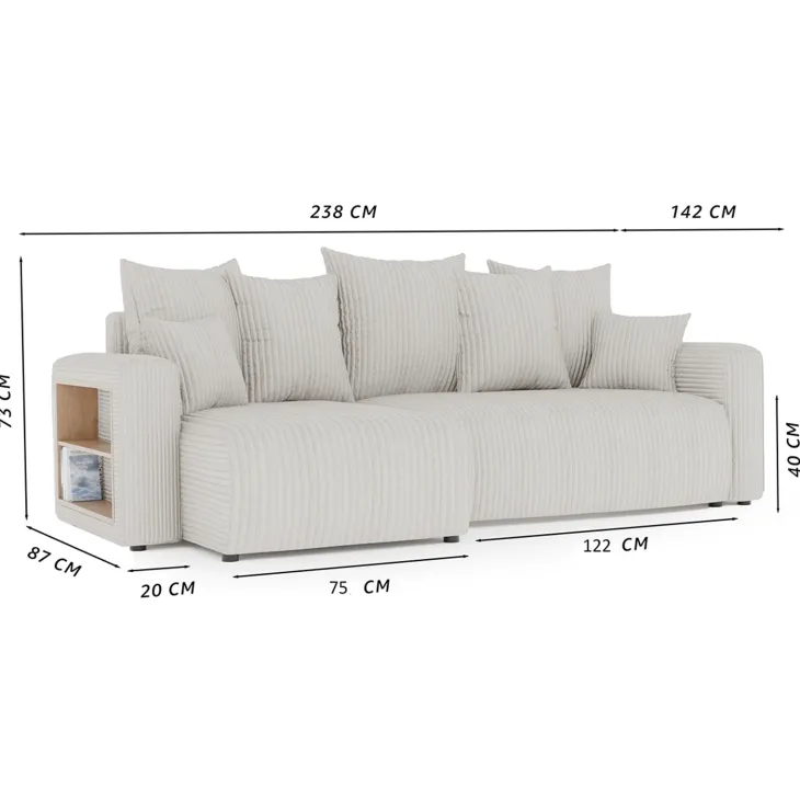 Divano letto angolare reversibile 238x142cm velluto a coste con libreria a sinistra grigio chiaro Mistery