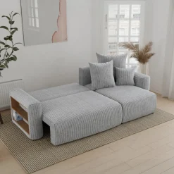 Divano letto angolare reversibile 238x142cm velluto a coste con libreria a sinistra grigio chiaro Mistery