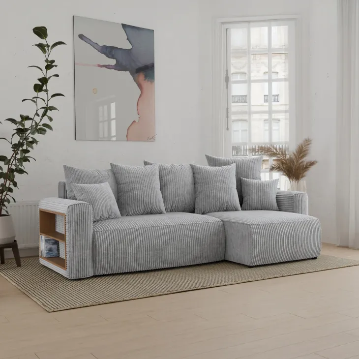 Divano letto angolare reversibile 238x142cm velluto a coste con libreria a sinistra grigio chiaro Mistery
