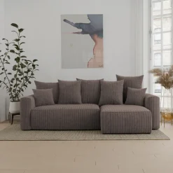Divano letto angolare reversibile 238x142cm velluto a coste con libreria a sinistra marrone Mistery