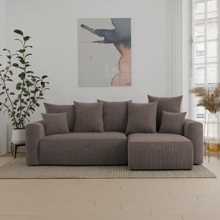 Divano letto angolare reversibile 238x142cm velluto a coste con libreria a sinistra marrone Mistery