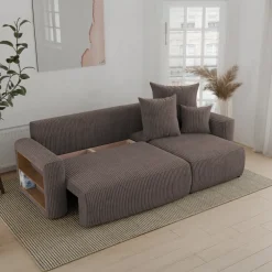 Divano letto angolare reversibile 238x142cm velluto a coste con libreria a sinistra marrone Mistery