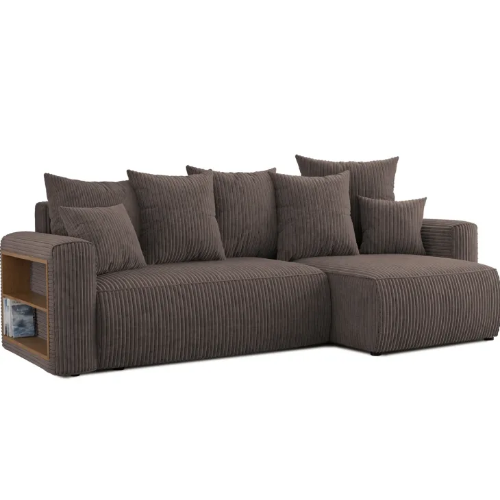 Divano letto angolare reversibile 238x142cm velluto a coste con libreria a sinistra marrone Mistery