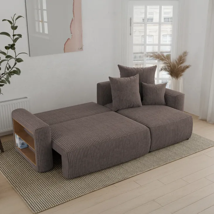Divano letto angolare reversibile 238x142cm velluto a coste con libreria a sinistra marrone Mistery