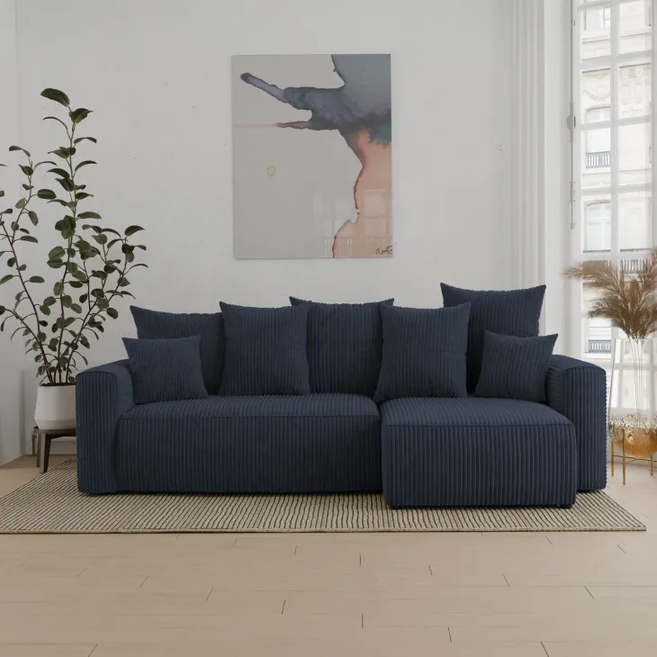 Divano letto angolare reversibile 238x142cm velluto a coste con libreria a sinistra nero Mistery